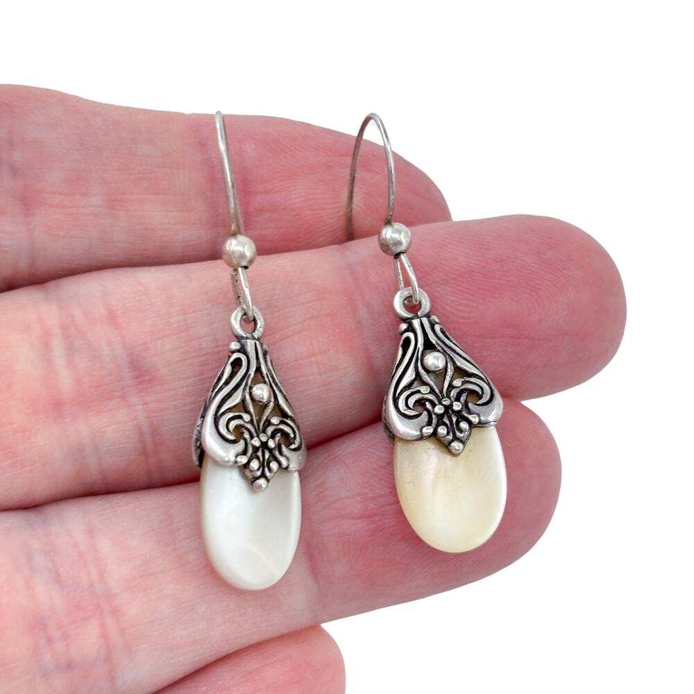 Vintage Sterling Silver 925 Mother of Pearl Filigree Dangle Earrings